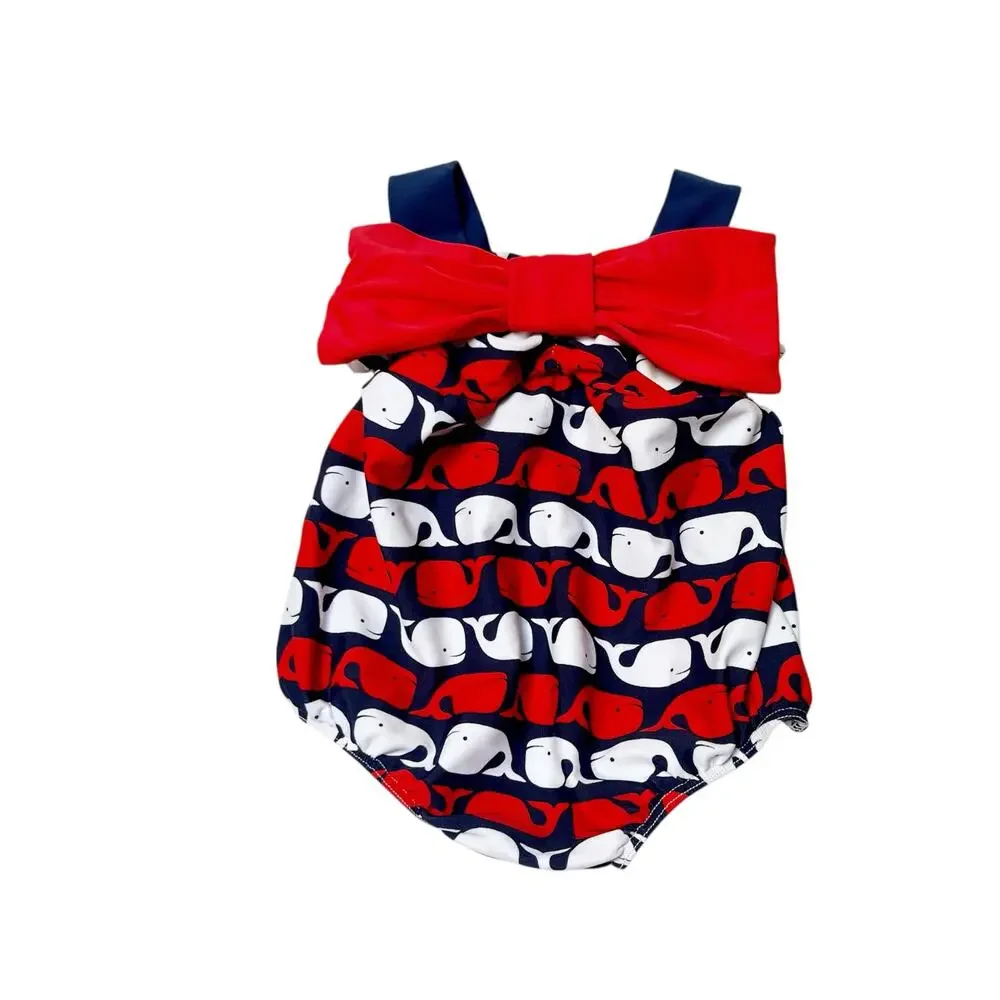 Mud Pie Whale Print Bow Swim Suit Size 0-6m